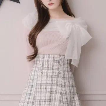 pium 튤 리본 니트 핑크 x 화이트