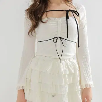 M me eme 벨 슬리브 리본 베어 탑 앙상블