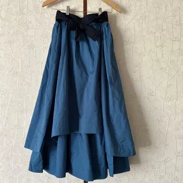 미사용 펠리시모 시럽 스커트 롱 이중 리본 면 혼방 개더 M