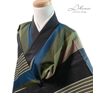 LULU78 워셔블 기모노 코몬 이중 기모노 스트라이프 그린 브라운