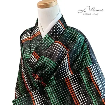 LULU78 워셔블 기모노 코몬 단의 도트 줄무늬 블랙 그린