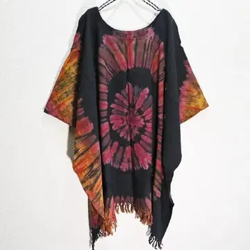 타이다이 프린지 장식 동양인 와이드 튜닉 티셔츠 핑크 계열 소용돌이 블랙