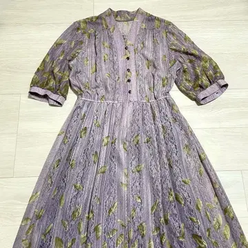 레트로 리프 무늬 원피스 일본제 반팔 퍼플 페미닌 플레어 C118