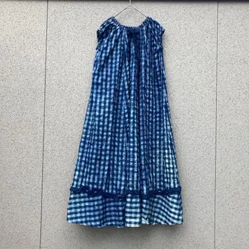 3135 [ 깅엄 체크 롱 원피스 ] 리본 루즈핏 블루 계열
