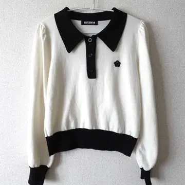 MARY QUANT 바이컬러 니트 폴로 옷깃 데이지 자수 모노톤