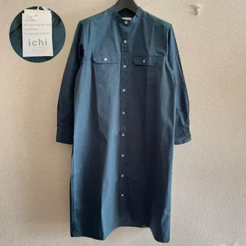 이치 ichi 셔츠 원피스 밴드 카라 짙은 녹색 면 100%