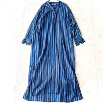 누키테파* 셔츠 원피스 프리 맥시 길이 밴드 카라 스트라이프 인도산