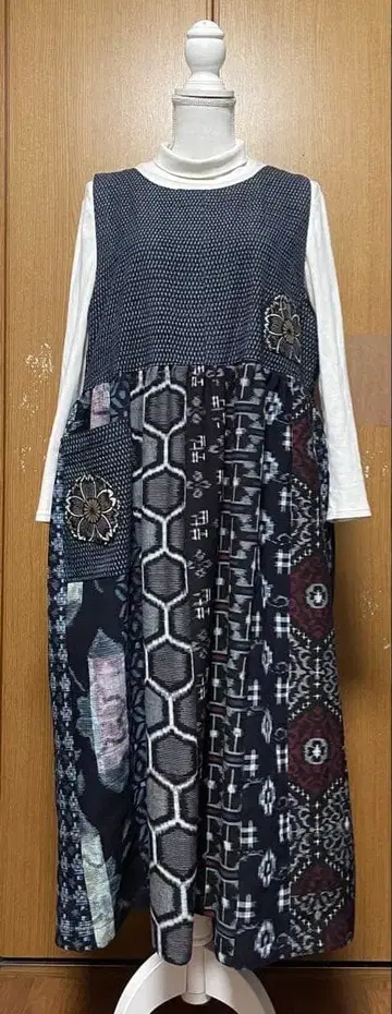 기모노 리메이크 잉크(목화) 패치워크 오버롤 스커트 슬리브리스 원피스