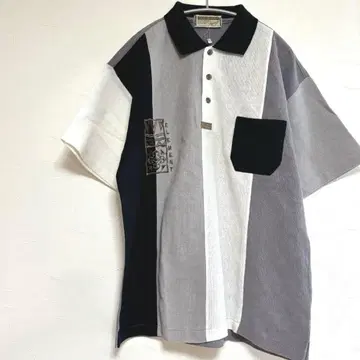 빈티지 엘리먼트 자수 모노톤 피케 셔츠 LL 쇼와 레트로 린넨 혼방