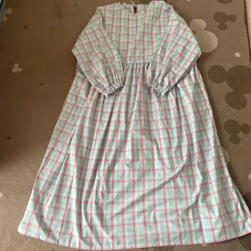 핸드메이드 작가님, 뒷 리본 체크 원피스 스카이블루 핑크