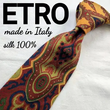 새상품급 ETRO 페이즐리 아름다운 넥타이 울 실크 오렌지 네이비