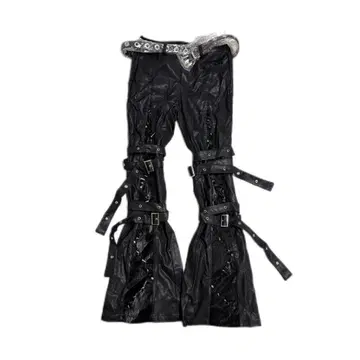 인조 가죽 플레어 팬츠 블랙 벨트 디자인 레이스업 포함