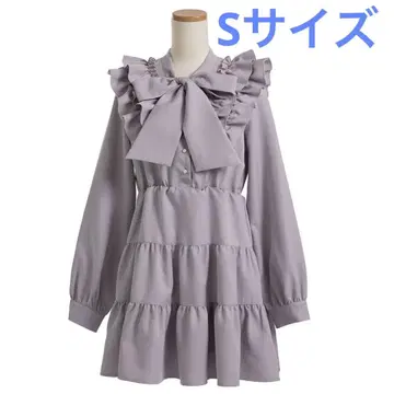 유메텐보 더블 프릴 보타이 리본 원피스 라벤더 블루 S 사이즈
