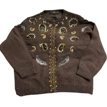 레어 빈티지 비즈 자수 & 스팽글 울 니트 가디건 브라운