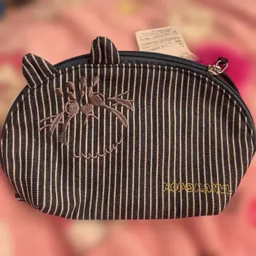 고양이 얼굴 자수 스트라이프 파우치