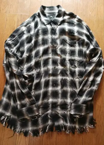 HARE 옴브레 체크 셔츠 데미지 가공 레이온 셔츠 오버 사이즈