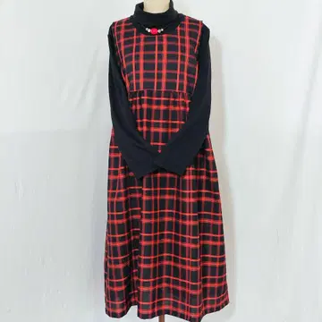 빨강 검정 체크 무늬 오버롤 스커트 핸드메이드 옷감 리메이크 원피스