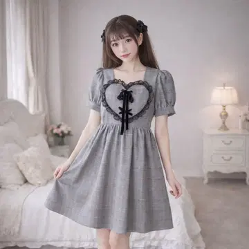 AnkRouge 체크 무늬 하트 스핀들 원피스 M 걸리시 리본