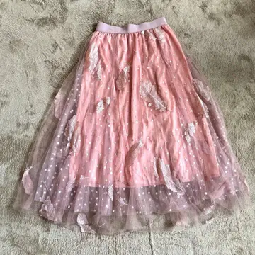 깃털 자수 튤 롱 플레어 스커트 M 화이트 핑크 블루 세트