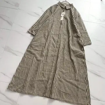 택 포함 새상품 ichi 린넨 면 스트라이프 셔츠 원피스 롱 내추럴
