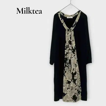 밀크티 보타이 포함 원피스 긴팔 페이즐리 블랙 M 상당 고급