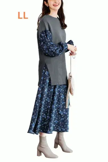 IEDIT 속기모 스웨트와 꽃무늬 낙하감 소재의 도킹 원피스 펠리시모