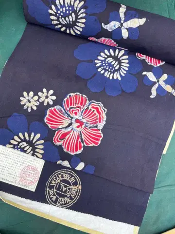 네이비 빨간색 본염 로우케츠염 자바 사라사 유카타 옷감