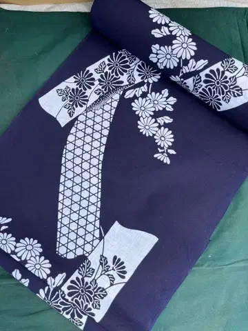 네이비 화이트 본염 단책 국화 유카타 옷감