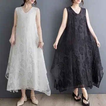 새상품 빅 사이즈 꽃무늬 원피스 V넥 슬리브리스 체형 커버 여름