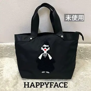 해피 페이스 토트백 나일론 레이디 에마 자수 블랙 미사용