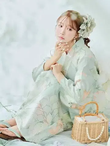 Sugar Mint 꽃무늬 유카타 오비 일본 나막신 세트