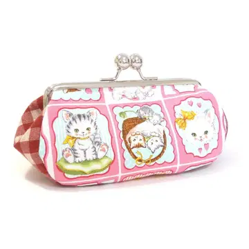 가마구치 파우치 고양이 핑크 화장품 파우치 가로 고양이 패턴 G652