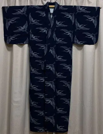 쿠루메 카스리 면 학 네이비 나염 기모노