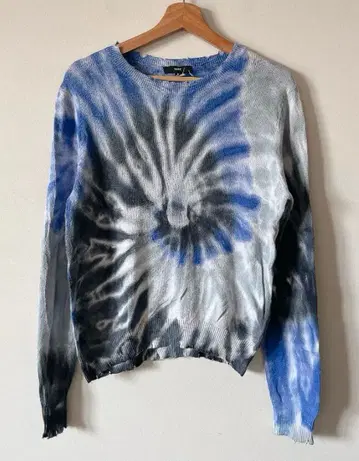 FATE 타이다이 패턴 코튼 니트 S 블루 데미지 크러쉬 티셔츠