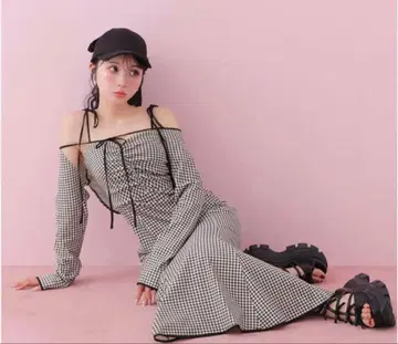 M me eme 깅엄 체크 롱 원피스