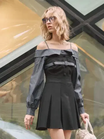 오프숄더 셔츠 레이어드 원피스 블랙 립 서비스