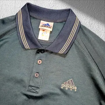 90s adidas 골프 피케 셔츠 다크 그린 반팔 소매 리브 자수 로고