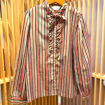 [70년대] 보타이 프릴 스트라이프 셔츠 쇼와 레트로 구제 의류 11호