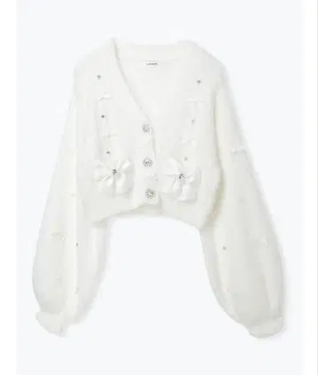 노에미 메니 리본 비쥬 복슬복슬 샤기 가디건 화이트