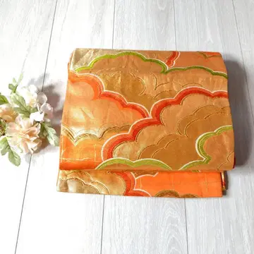 후쿠로 오비 오렌지 골드 구름 무늬 캐주얼 화려한 기모노 리메이크 OBI