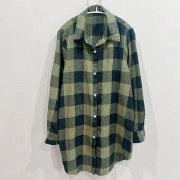 플란넬 셔츠 [ XL ] 롱 셔츠 블록 체크 스냅 버튼 그린 x 블랙