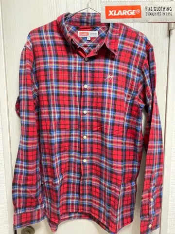 XLARGE 체크 플란넬 셔츠 L 자수 로고 빨간색 필기체 로고