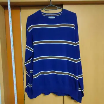 새상품급 투모로우랜드 코튼 보더 니트 M 파랑 x 브라운 일본제 남성용