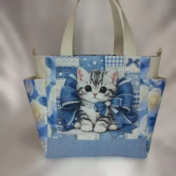 핸드메이드 새끼 고양이와 리본이 달린 사이드 포켓 토트백 양면 패널 원단