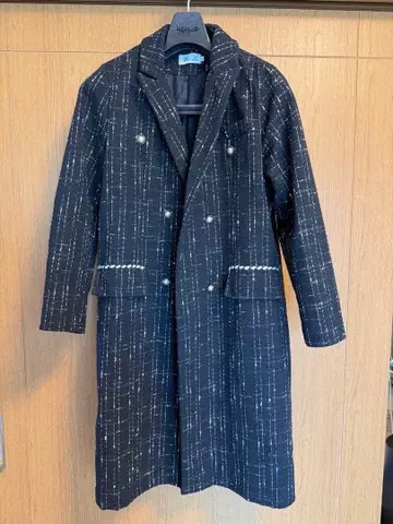 한국 깔끔 트위드 더블 브레스트 롱 코트 펄 단추 XL 블랙