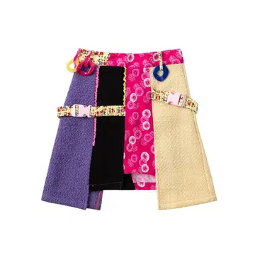 y2k 헤이세이 갸루 컬러풀 패치워크 스커트 핑크 울 스커트 00s