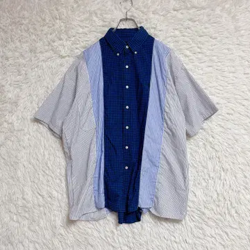 [ 하나뿐인 아이템 ] 리메이크 반팔 셔츠 체크 스트라이프 블루 계열