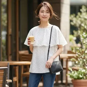 H334*누아르 라벨 도트 무늬 프릴 반팔 튜닉 화이트 그레이 F