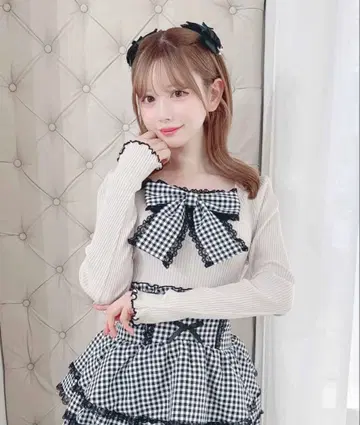 MARS 깅엄 체크 BIG 리본 골지 상의 핑크