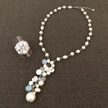 플라워 모티브 장식 진주 목걸이 & 비즈 반지 세트